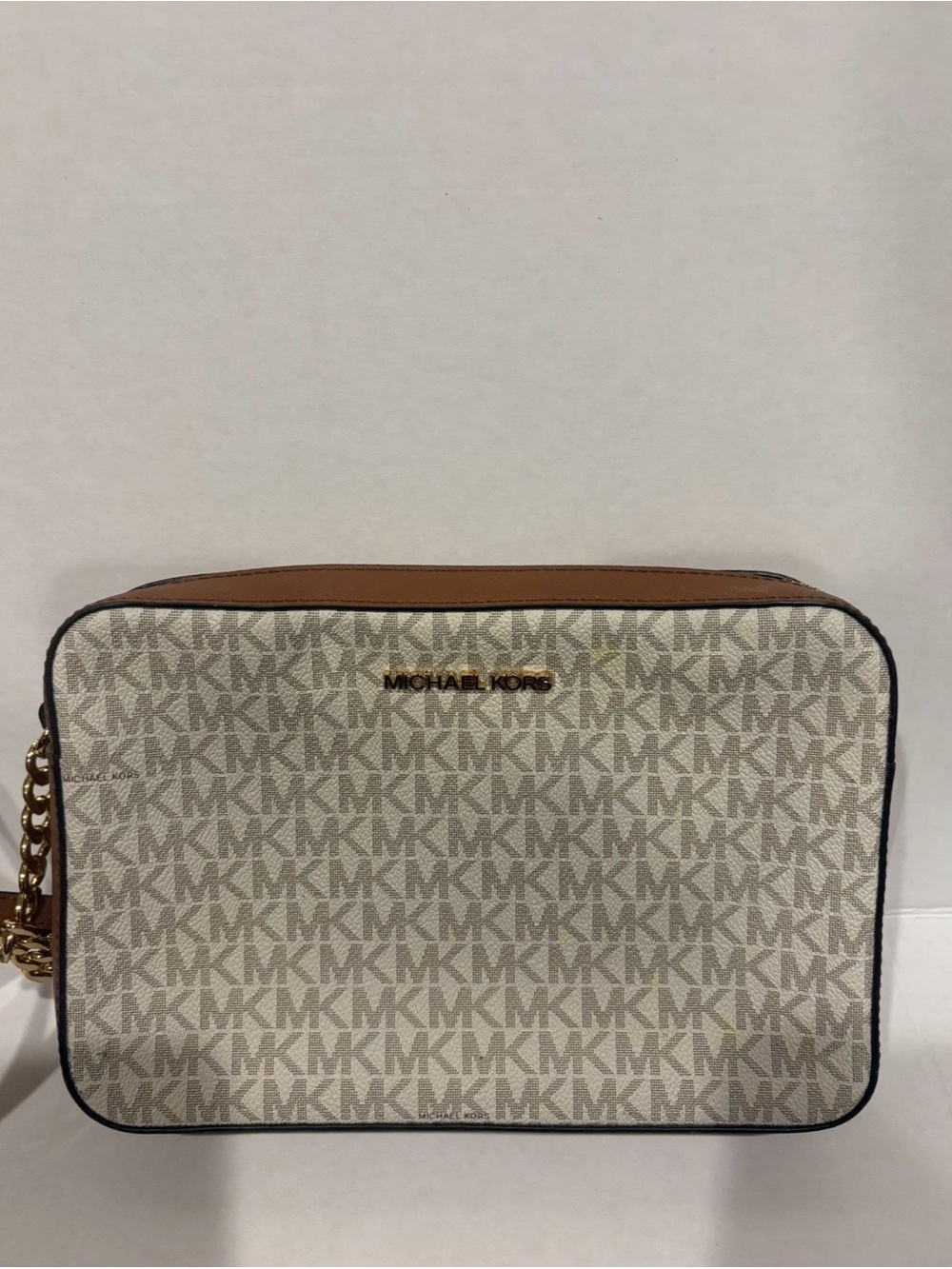 Michael Kors Cream Monogram Crossbody with Tan Trim and Gold Hardware